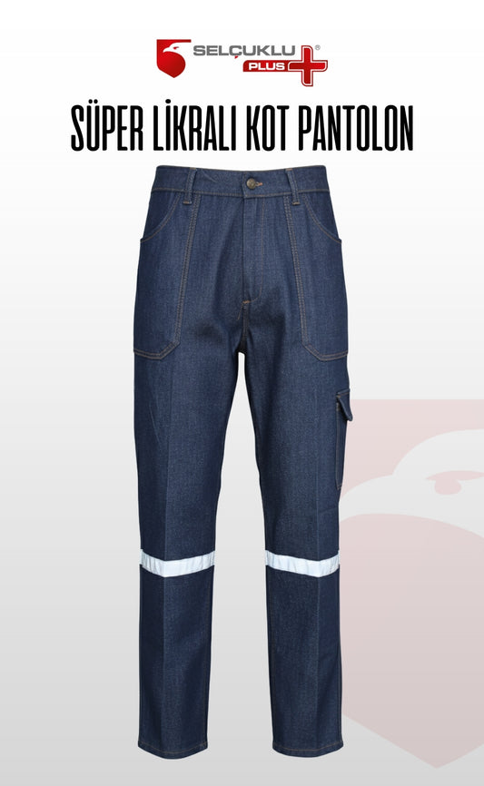 Süper Likralı Kot İş Pantolonu | Reflektörlü, Çok Cepli, Dayanıklı Denim İşçi Pantolonu