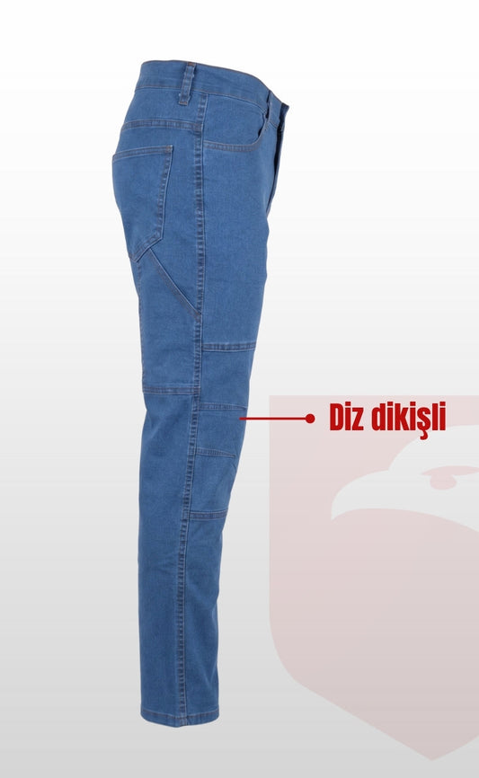 Likralı, Diz Dikişli, Kargo Cepli, Esnek, Dayanıklı Mavi Kot İş Pantolonu