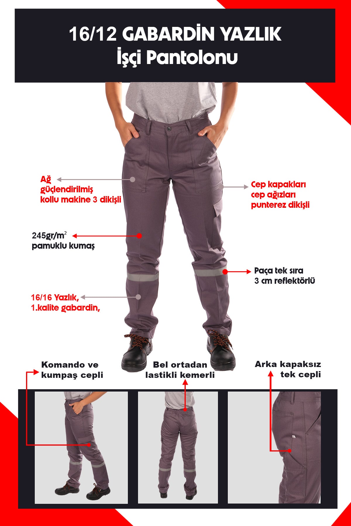 Selçuklu Plus 16/12 Gabardin Gri Yazlık İşçi Pantolonu Tek Reflektörlü İş Pantolonu