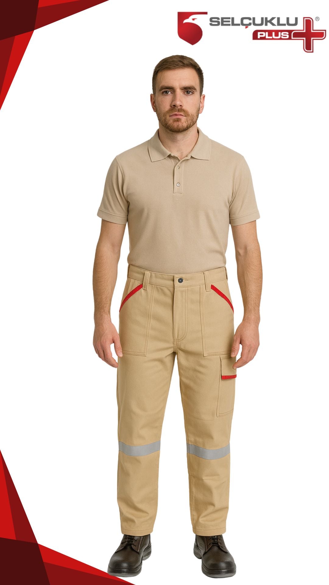 Selçuklu Plus 16/12 Gabardin Bej Yazlık İşçi Pantolonu Tek Reflektörlü İş Pantolonu
