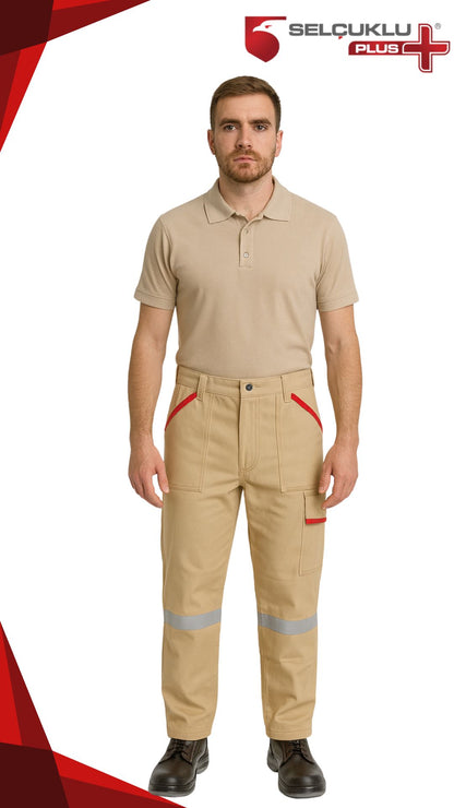 Selçuklu Plus 16/12 Gabardin Bej Yazlık İşçi Pantolonu Tek Reflektörlü İş Pantolonu