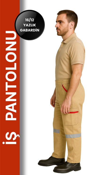 Selçuklu Plus 16/12 Gabardin Bej Yazlık İşçi Pantolonu Tek Reflektörlü İş Pantolonu