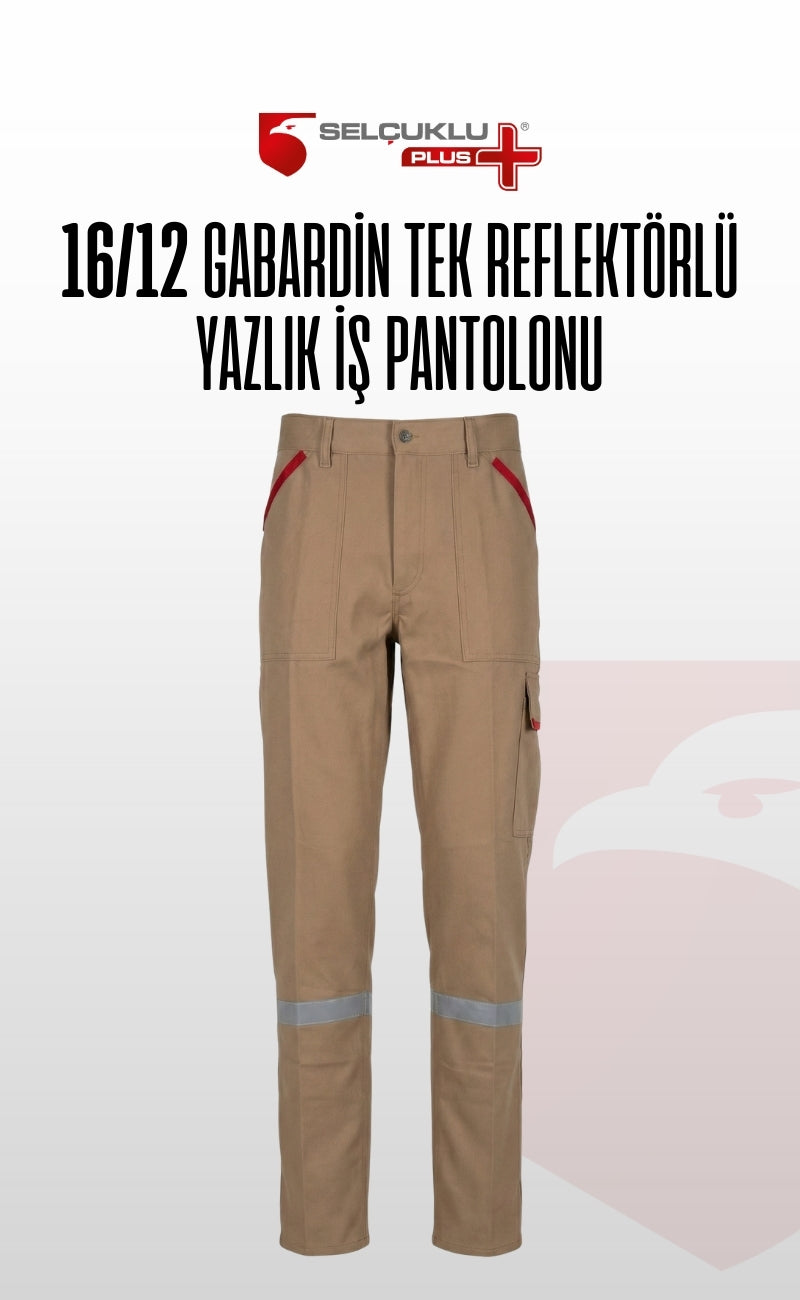 16/12 Gabardin Bej Yazlık İşçi Pantolonu Tek Reflektörlü İş Pantolonu