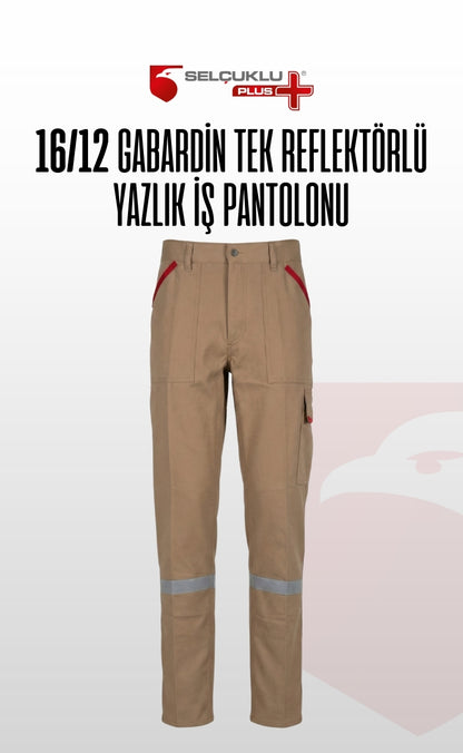 16/12 Gabardin Bej Yazlık İşçi Pantolonu Tek Reflektörlü İş Pantolonu