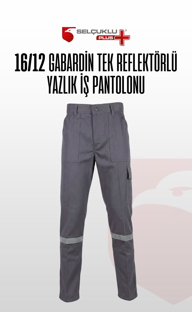16/12 Gabardin Gri Yazlık İşçi Pantolonu Tek Reflektörlü İş Pantolonu
