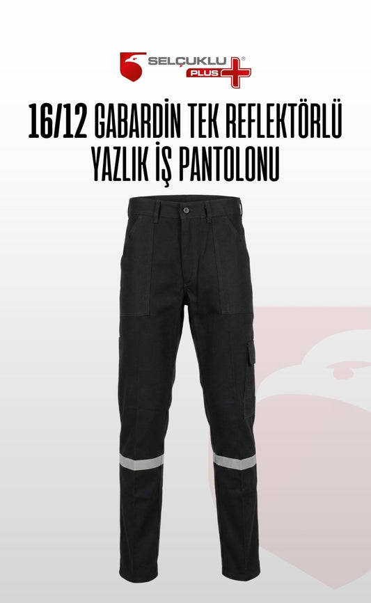 Selçuklu Plus 16/12 Gabardin Siyah Yazlık İşçi Pantolonu Tek Reflektörlü İş Pantolonu