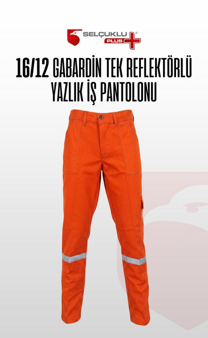 16/12 Gabardin Turuncu Yazlık İşçi Pantolonu Tek Reflektörlü İş Pantolonu