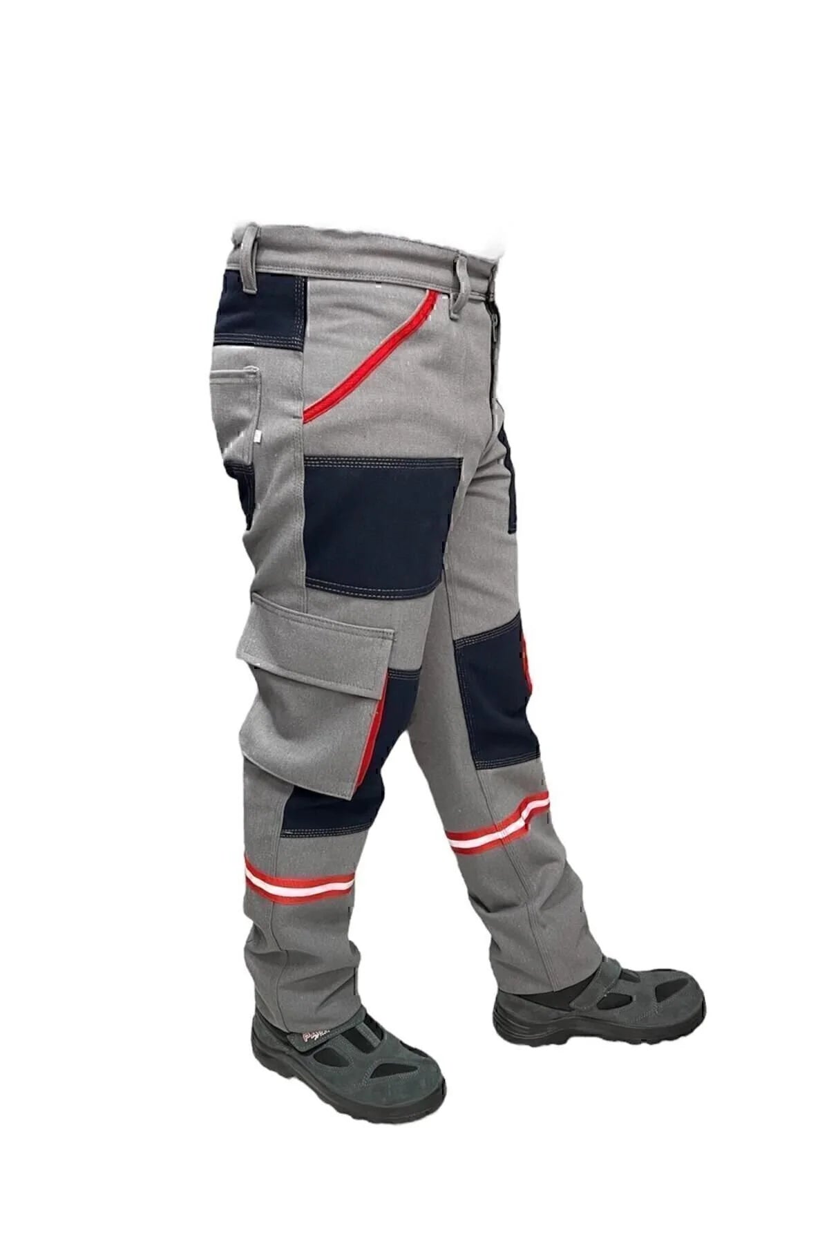 DİZ DETAYLI KIRMIZI KÖRÜK CEPLİ MÜHENDİS GRİ İŞ PANTOLONU