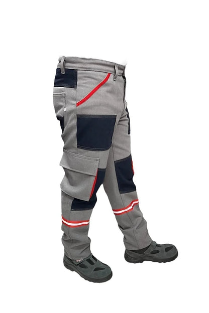 DİZ DETAYLI KIRMIZI KÖRÜK CEPLİ MÜHENDİS GRİ İŞ PANTOLONU