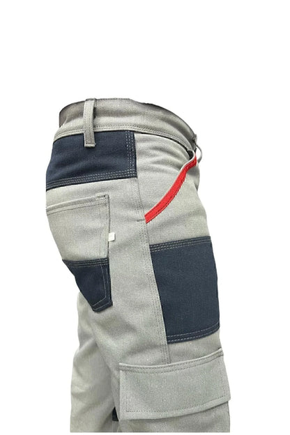 DİZ DETAYLI KIRMIZI KÖRÜK CEPLİ MÜHENDİS GRİ İŞ PANTOLONU