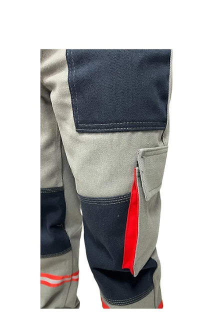 DİZ DETAYLI KIRMIZI KÖRÜK CEPLİ MÜHENDİS GRİ İŞ PANTOLONU