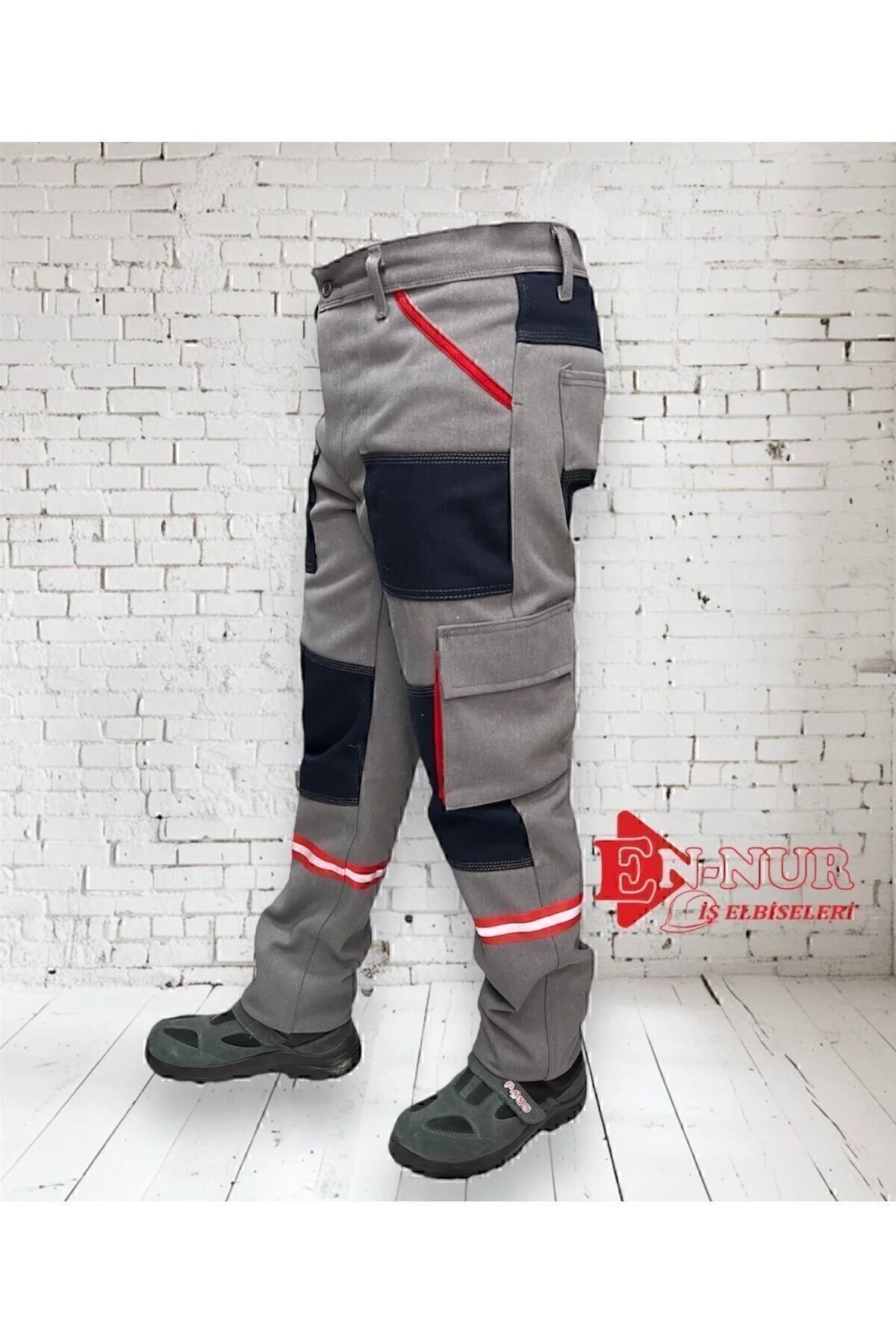DİZ DETAYLI KIRMIZI KÖRÜK CEPLİ MÜHENDİS GRİ İŞ PANTOLONU
