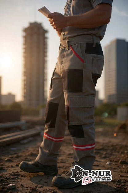 DİZ DETAYLI KIRMIZI KÖRÜK CEPLİ MÜHENDİS GRİ İŞ PANTOLONU