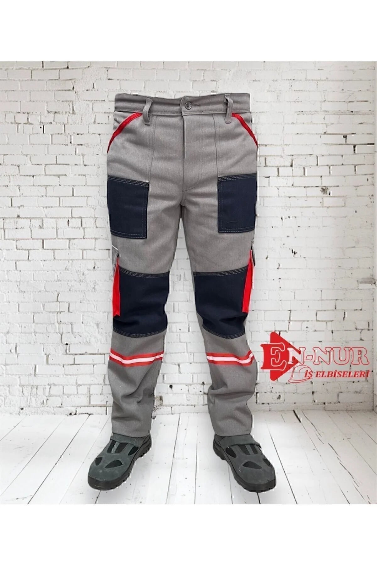 DİZ DETAYLI KIRMIZI KÖRÜK CEPLİ MÜHENDİS GRİ İŞ PANTOLONU