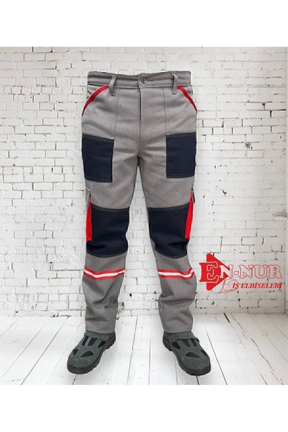DİZ DETAYLI KIRMIZI KÖRÜK CEPLİ MÜHENDİS GRİ İŞ PANTOLONU