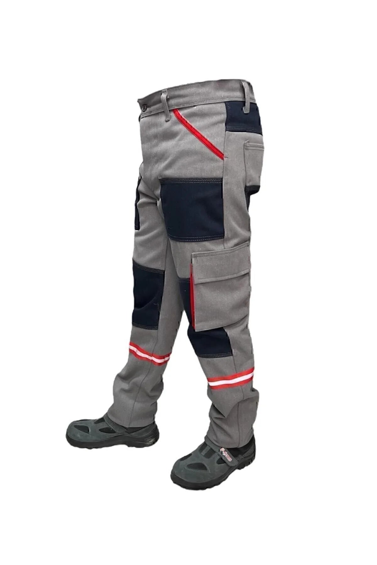 DİZ DETAYLI KIRMIZI KÖRÜK CEPLİ MÜHENDİS GRİ İŞ PANTOLONU