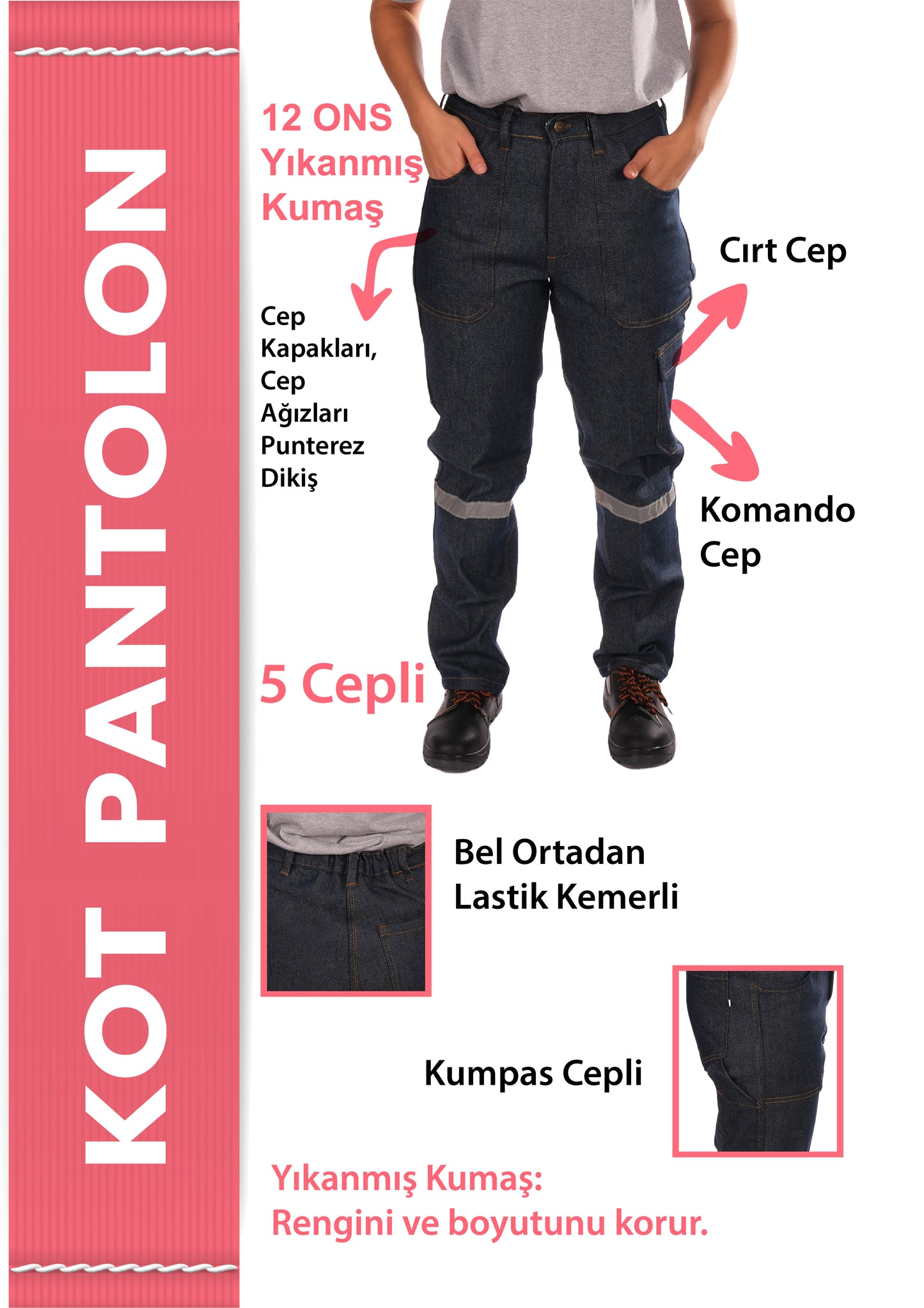 Selçuklu Plus 5 Cepli Reflektörlü Lacivert Kot İş Pantolonu – 12 Ons Kumaş – Uzun Ömürlü ve Sağlam İş Pantolonu