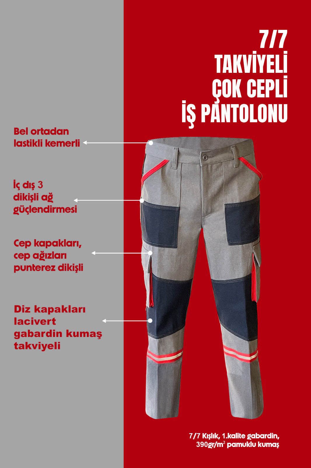 Selçuklu Plus 7/7 Gri Takviyeli Çok Cepli Kışlık İş Pantolonu – Dayanıklı, Konforlu ve Şık