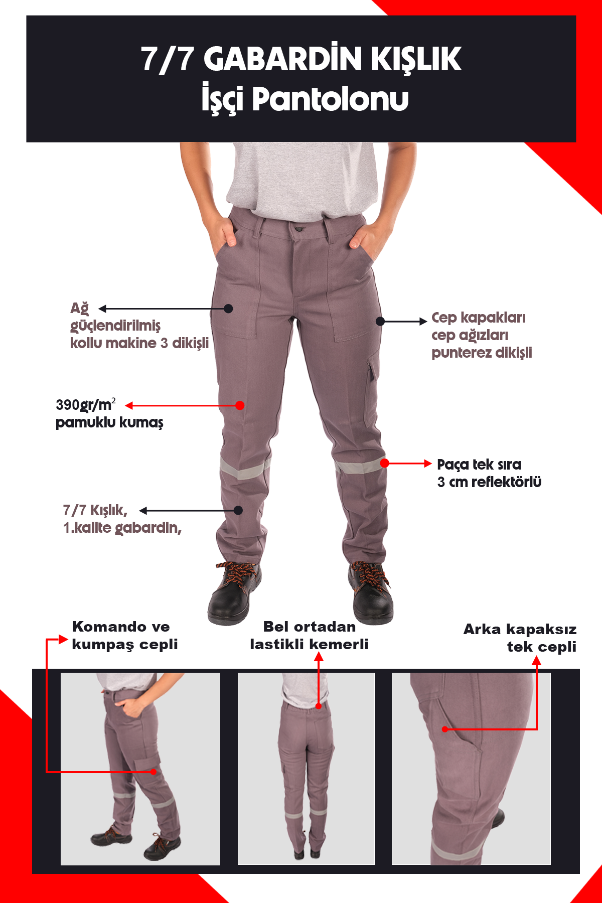 Selçuklu Plus 7/7 Gabardin Gri Kışlık İşçi Pantolonu Tek Reflektörlü Kalın İş Pantolonu-Gri