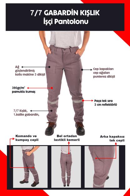 Selçuklu Plus 7/7 Gabardin Gri Kışlık İşçi Pantolonu Tek Reflektörlü Kalın İş Pantolonu-Gri