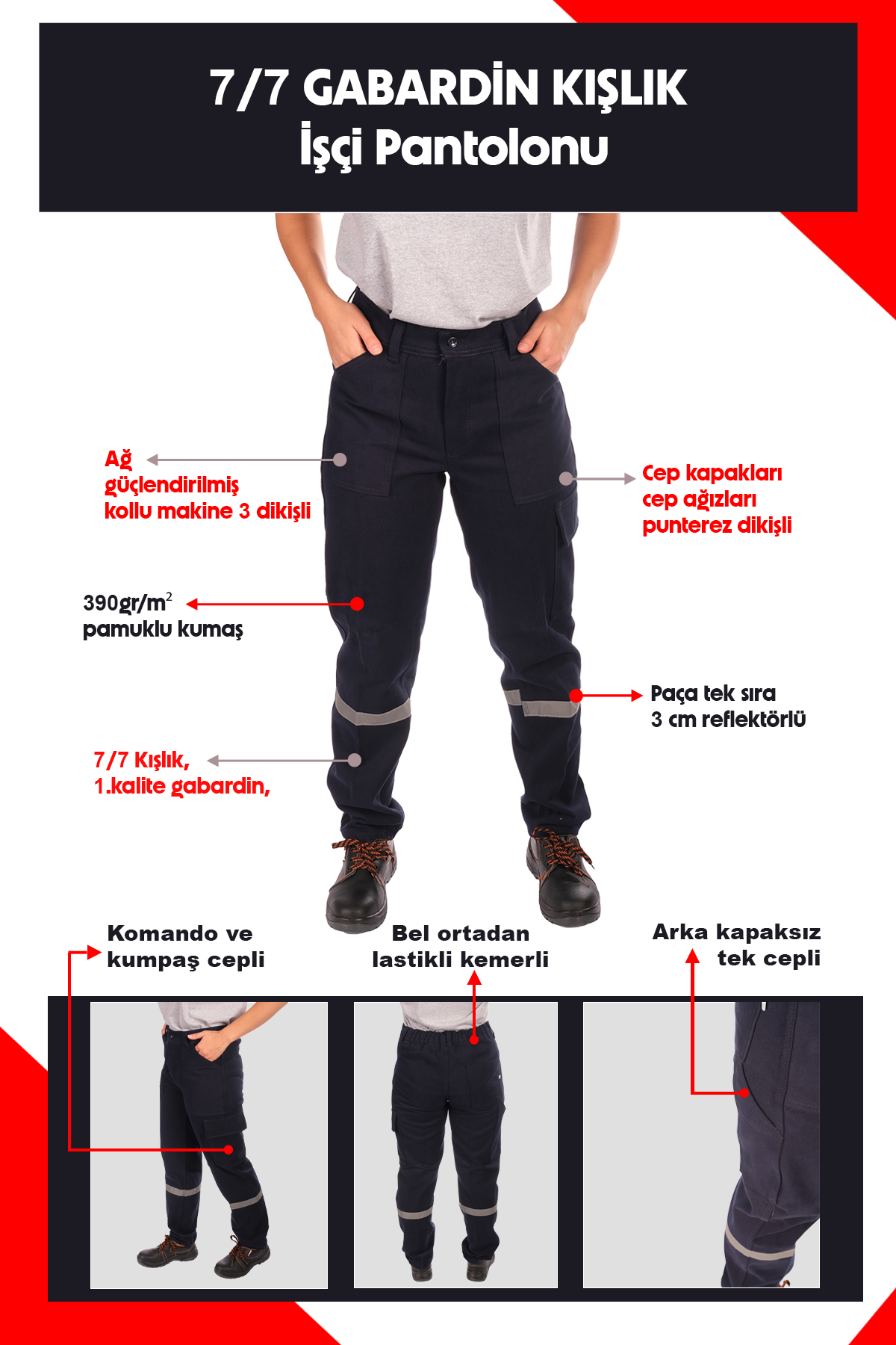 Selçuklu Plus 7/7 Gabardin Lacivert Kışlık İşçi Pantolonu Tek Reflektörlü Kalın İş Pantolonu