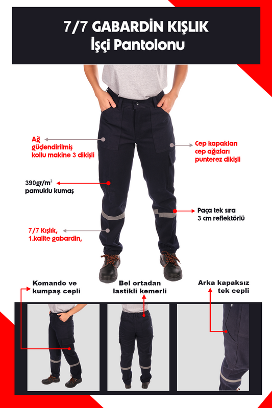 Selçuklu Plus 7/7 Gabardin Kışlık İşçi Pantolonu Tek Reflektörlü Kalın İş Pantolonu