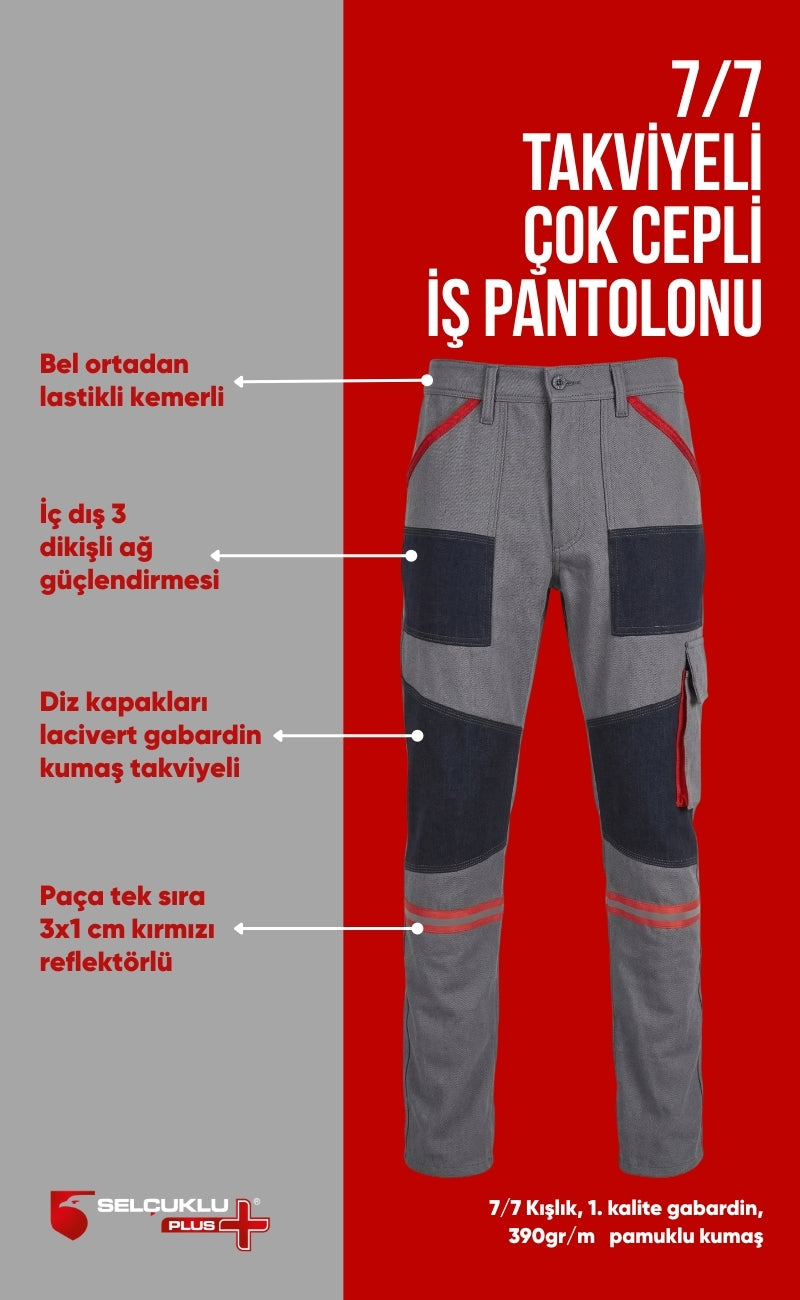 7/7 Gri Takviyeli Çok Cepli Kışlık İş Pantolonu – Dayanıklı, Konforlu ve Şık