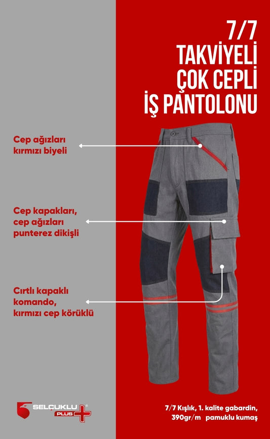 7/7 Gri Takviyeli Çok Cepli Kışlık İş Pantolonu – Dayanıklı, Konforlu ve Şık