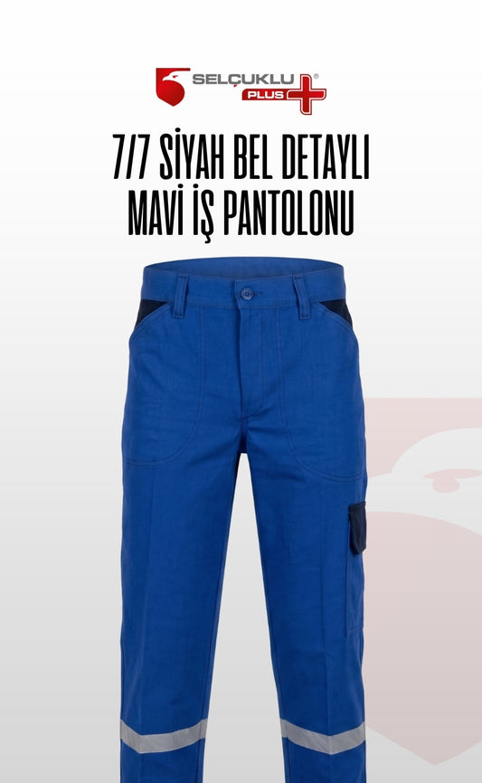 7/7 Siyah Bel Detaylı Mavi Reflektörlü İş Pantolonu, Dayanıklı ve Rahat Model