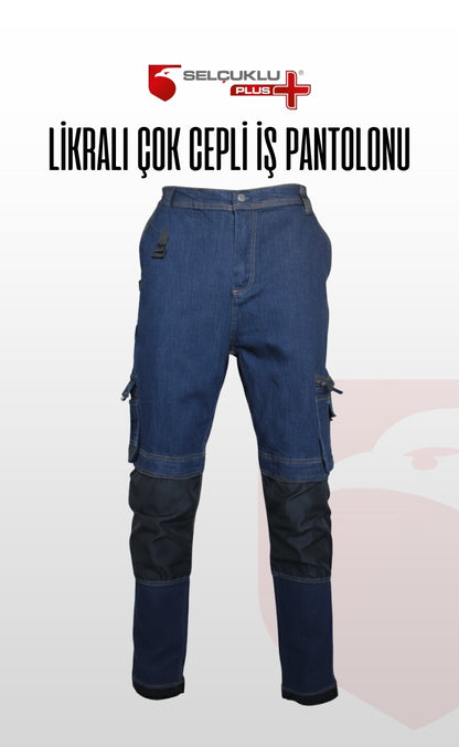 Likralı Çok Cepli Kot İş Pantolonu – Esnek Yapı ve Fonksiyonel Tasarım