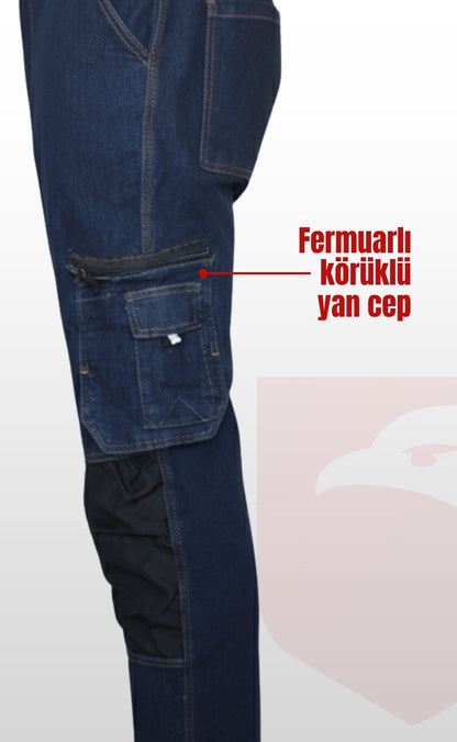 Likralı Çok Cepli Kot İş Pantolonu – Esnek Yapı ve Fonksiyonel Tasarım