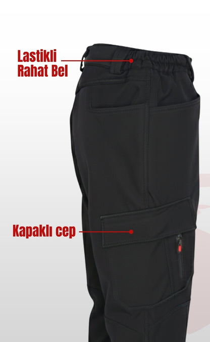 Softshell Siyah İş Pantolonu | Su Geçirmez, Rüzgar Dayanıklı, Çok Cepli, Esnek Kumaş
