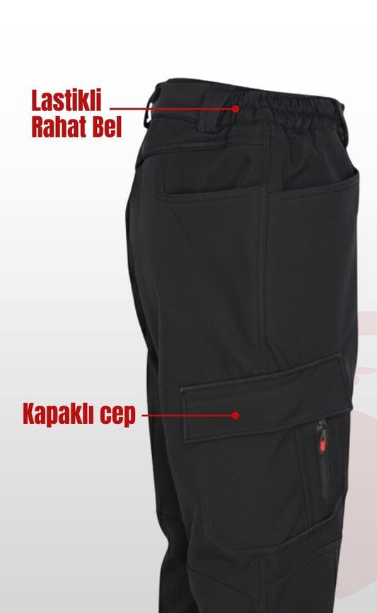 Softshell Siyah İş Pantolonu | Su Geçirmez, Rüzgar Dayanıklı, Çok Cepli, Esnek Kumaş