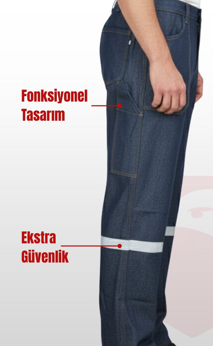 Süper Likralı Kot İş Pantolonu | Reflektörlü, Çok Cepli, Dayanıklı Denim İşçi Pantolonu