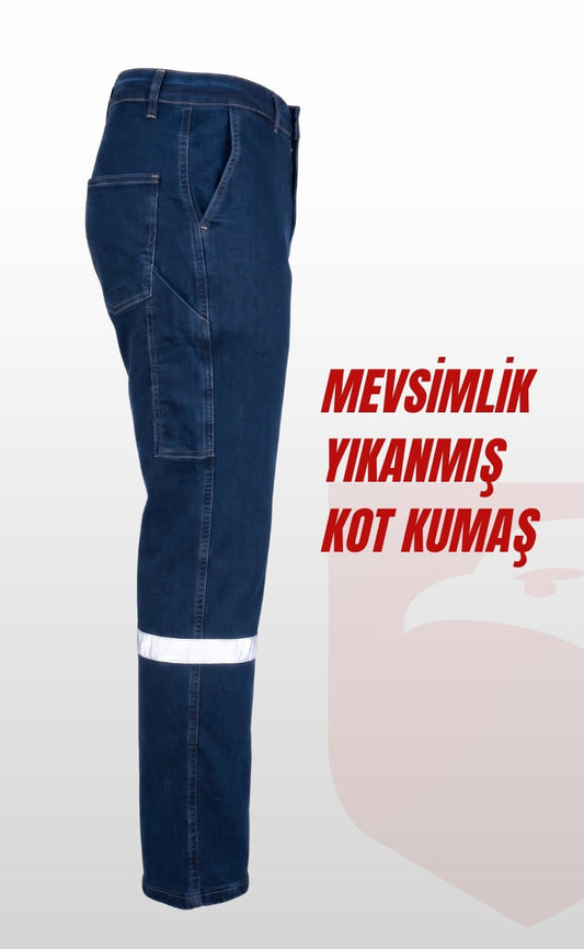 Likralı Ağlı Kot İş Pantolonu, Mevsimlik, Yıkanmış, Reflektörlü ve Kargo Cepli Model
