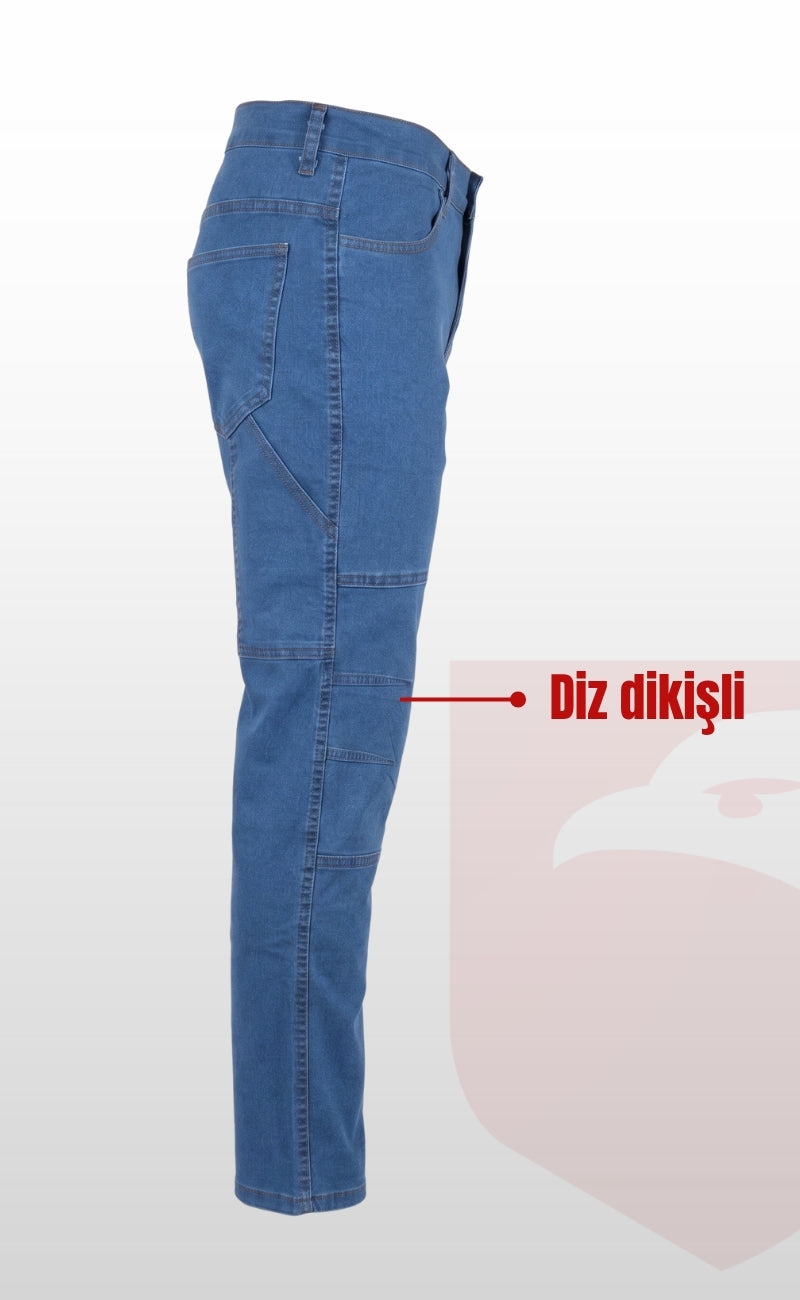 Likralı, Diz Dikişli, Kargo Cepli, Esnek, Dayanıklı Mavi Kot İş Pantolonu