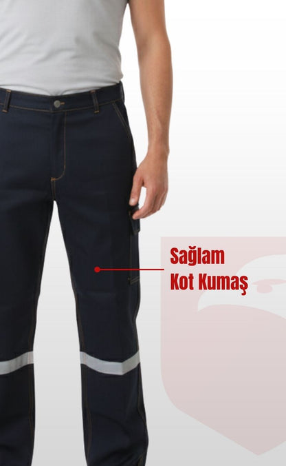 5 Cepli Reflektörlü Kaynakçı Uzun Ömürlü ve Sağlam Koyu Lacivert Kot  İş Pantolonu