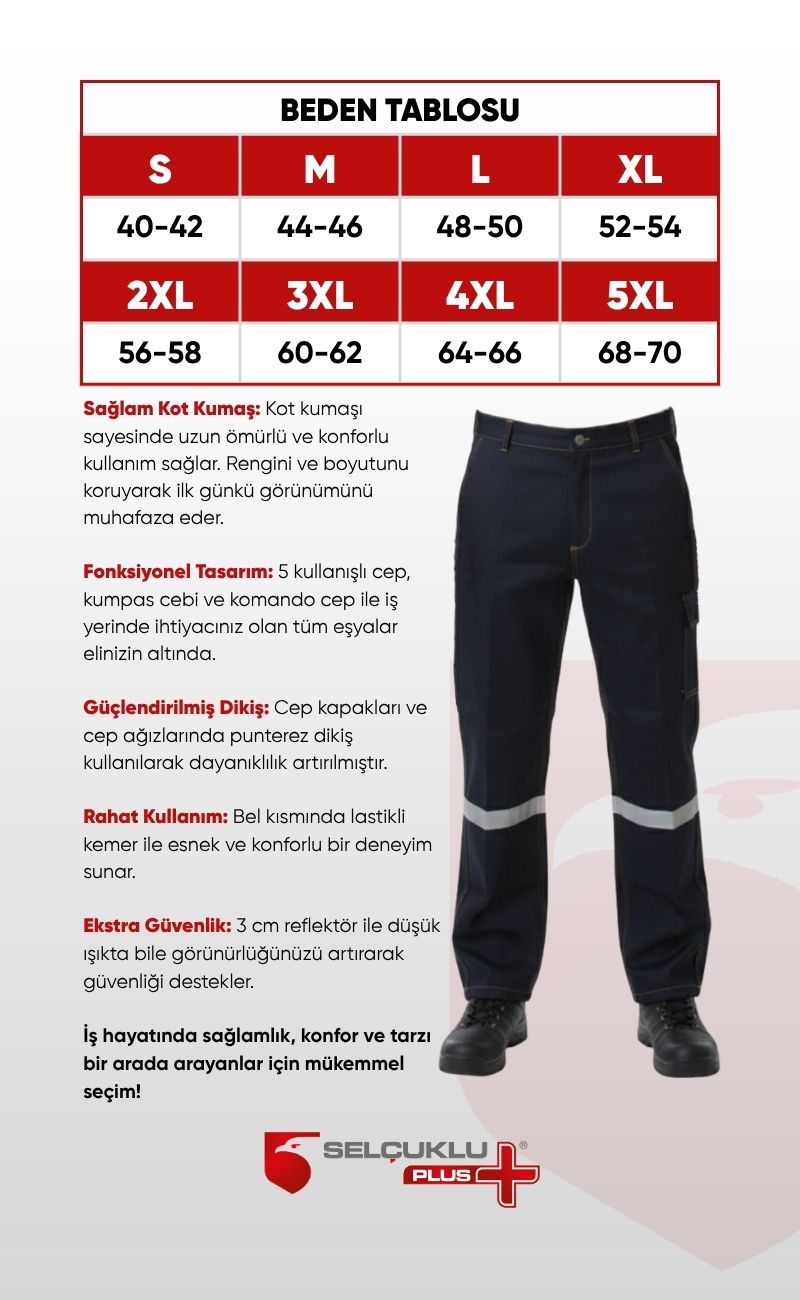 5 Cepli Reflektörlü Kaynakçı Uzun Ömürlü ve Sağlam Koyu Lacivert Kot  İş Pantolonu