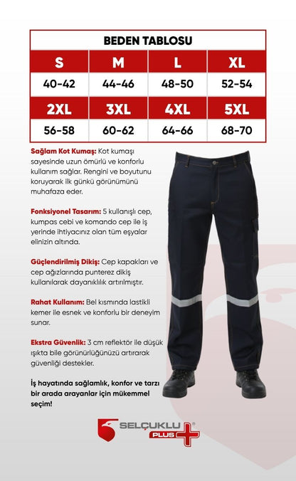 5 Cepli Reflektörlü Kaynakçı Uzun Ömürlü ve Sağlam Koyu Lacivert Kot  İş Pantolonu